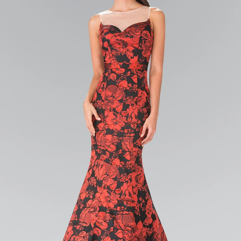 Illusion Sweetheart Flower Print Long Dress GL2246